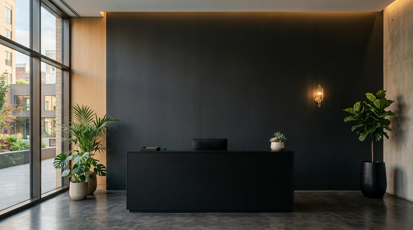 Recepción de un espacio de trabajo con pared negra y aplique dorado