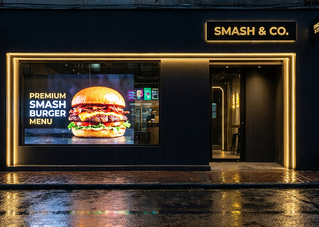 Fachada de hamburguesería premium con pantalla digital de escaparate
