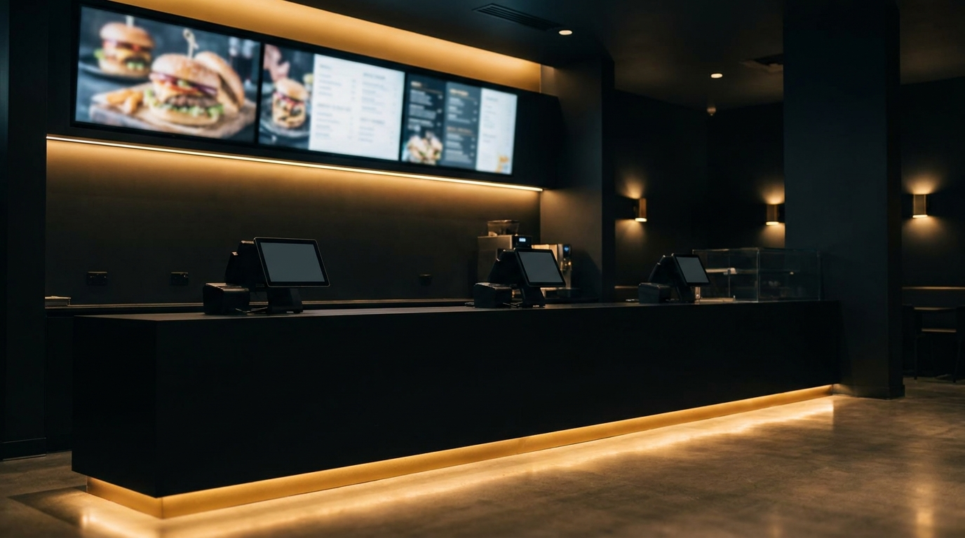 Mostrador de hamburguesería con menu LED boards y kioscos instalados por Nexora