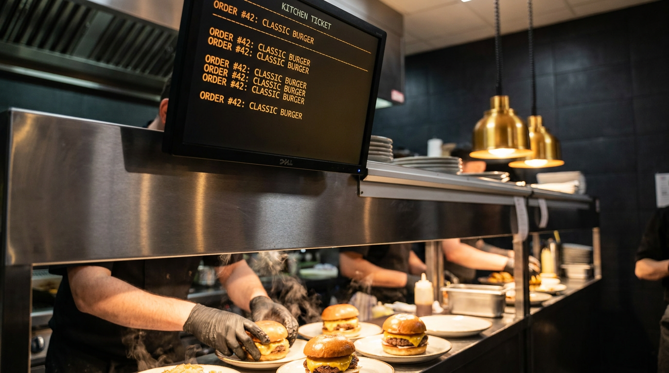 Pantalla de cocina KDS con comandas sobre el pase de una cocina profesional