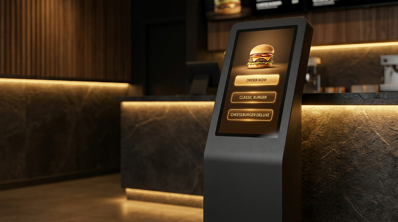 Kiosco de autocobro táctil en un restaurante oscuro premium