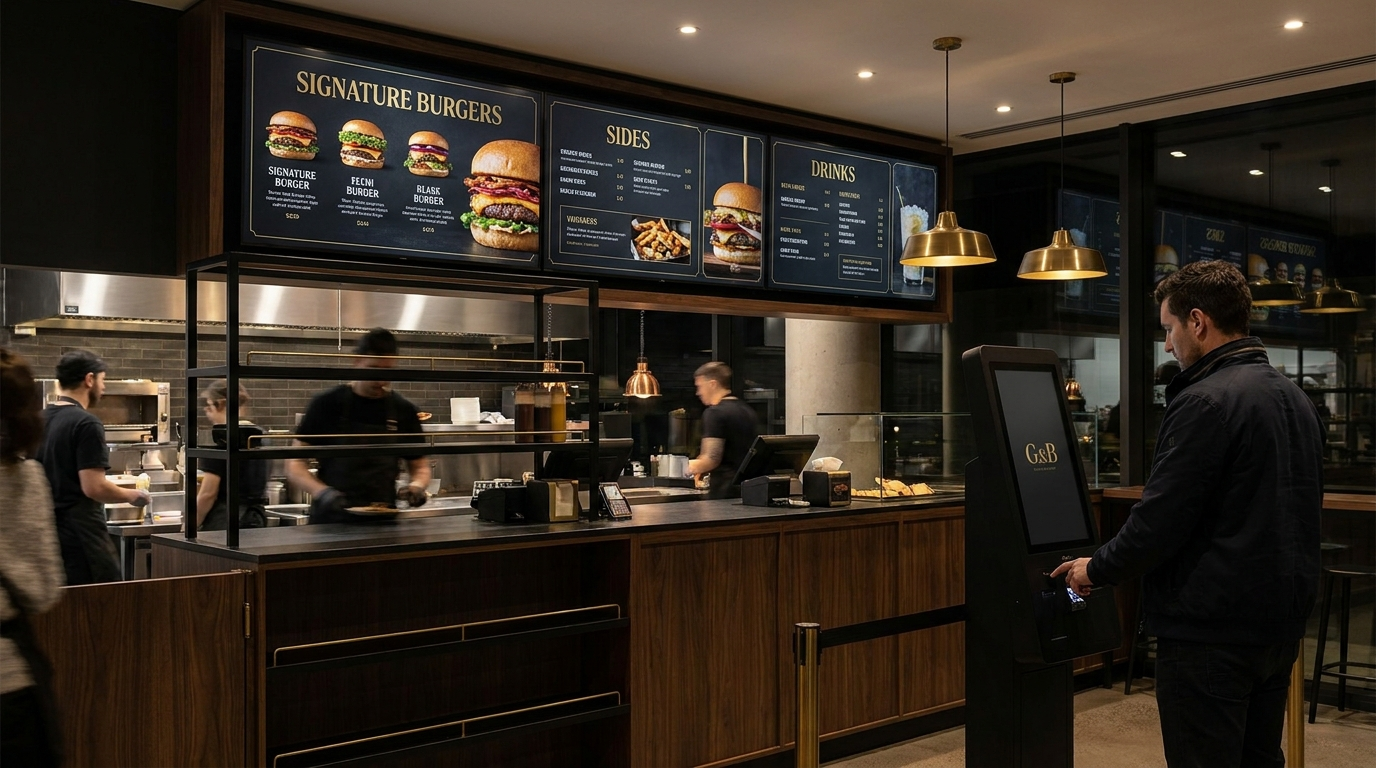 Mostrador de hamburguesería premium con menu boards digitales y kiosco de autocobro