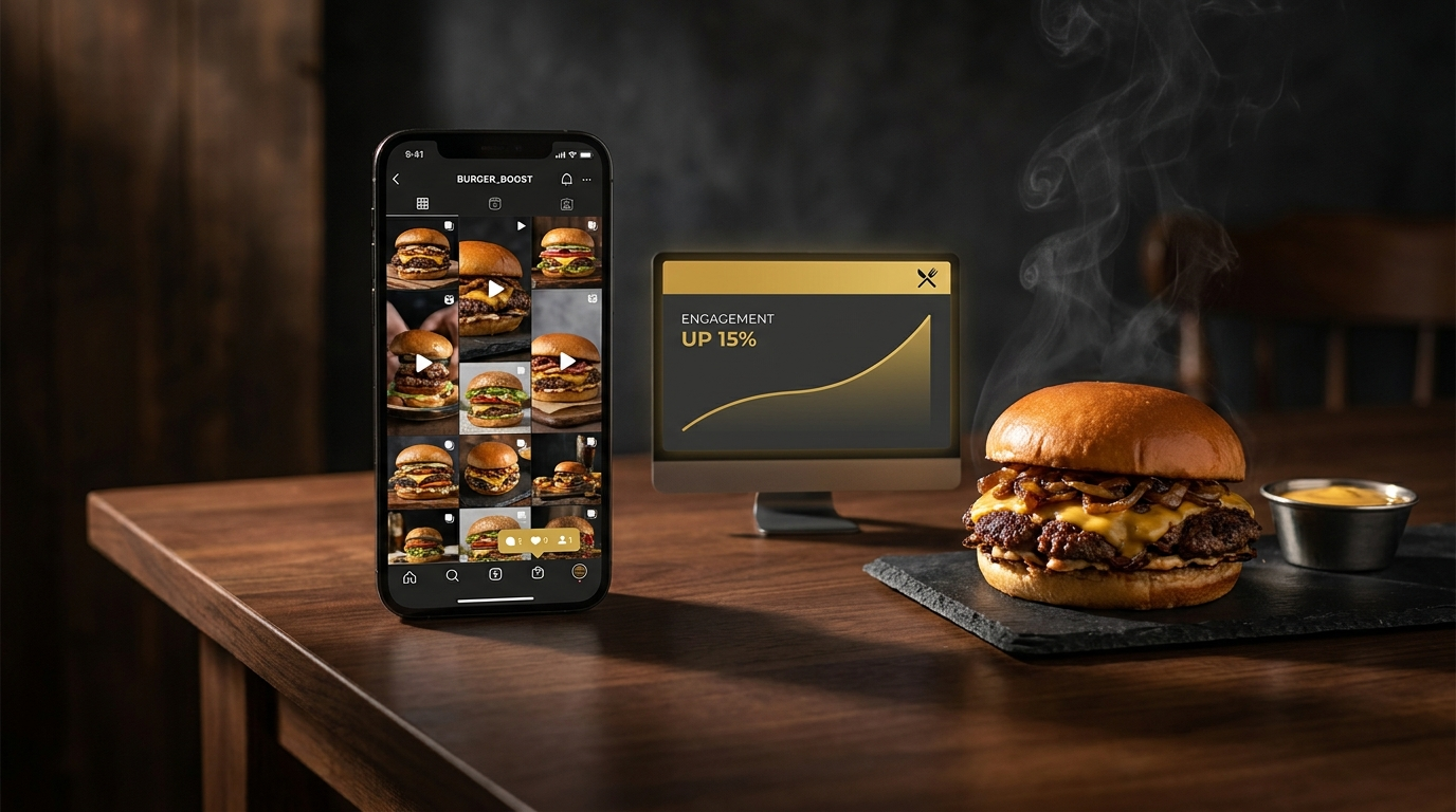 Bodegón con móvil mostrando redes sociales de hamburguesas, analítica dorada y una smash burger
