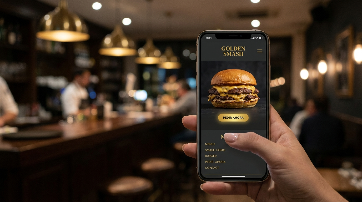 Móvil mostrando la web premium de una hamburguesería con acentos dorados
