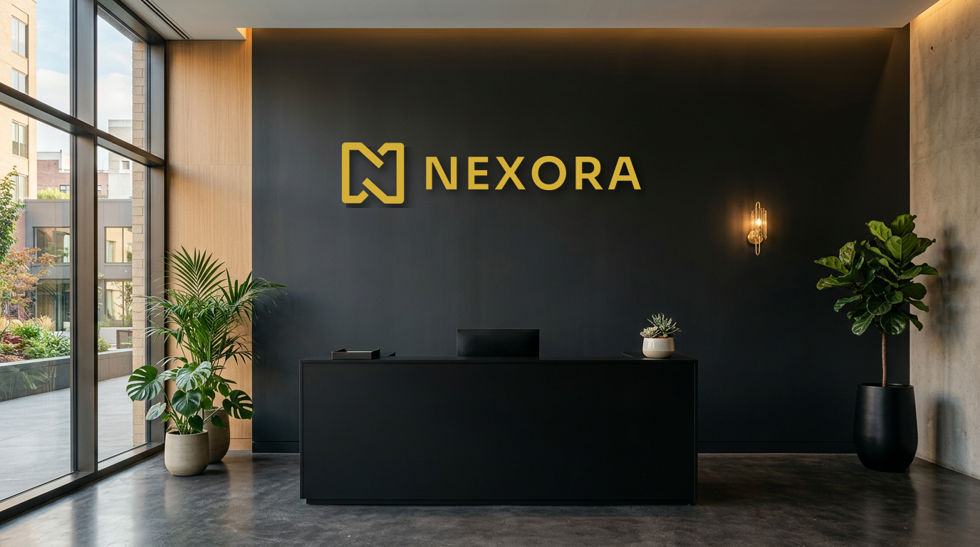 Recepción con pared negra y logo dorado de Nexora retroiluminado