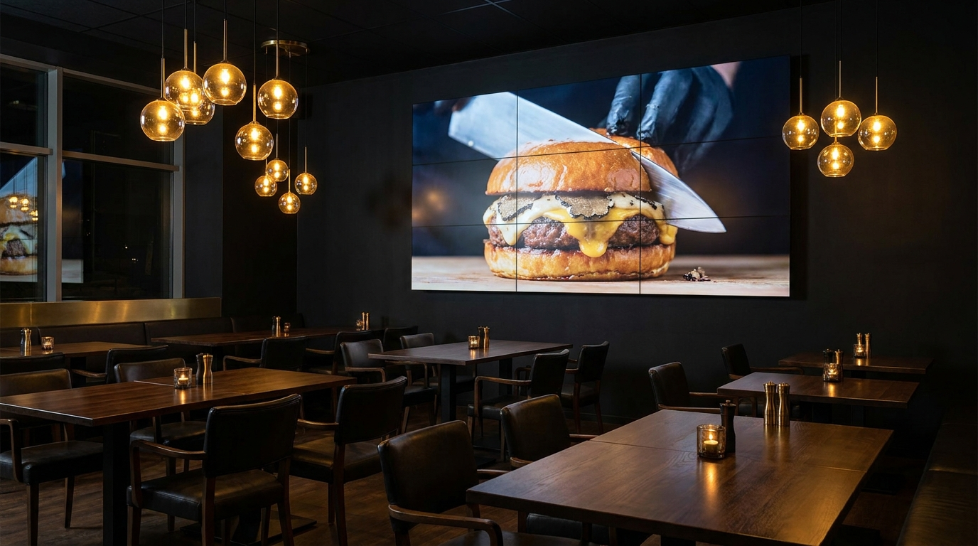 Comedor de restaurante con videowall mostrando contenido gastronómico